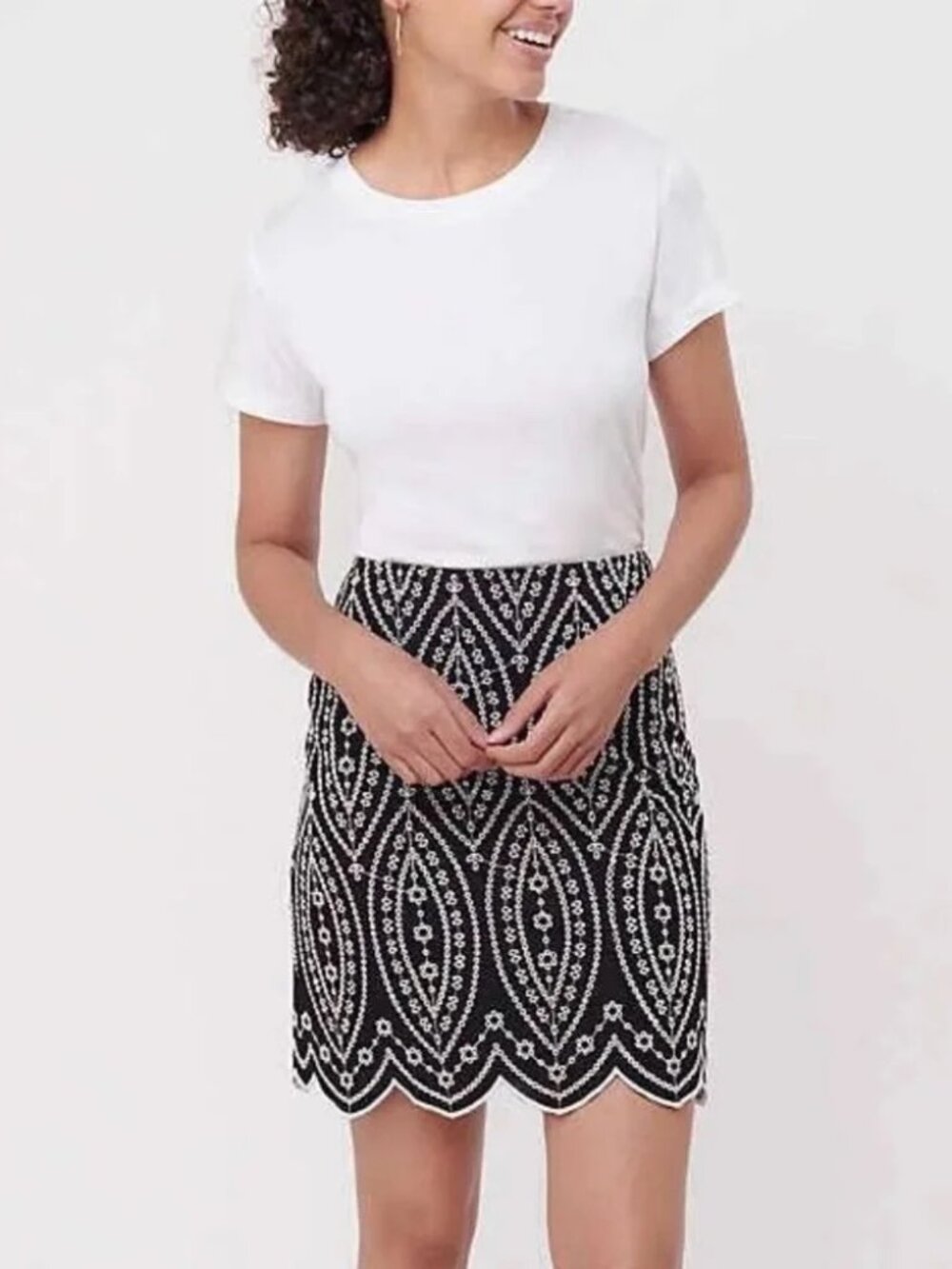 LOFT Black & White Beaded Scallop-Hem Mini Skirt